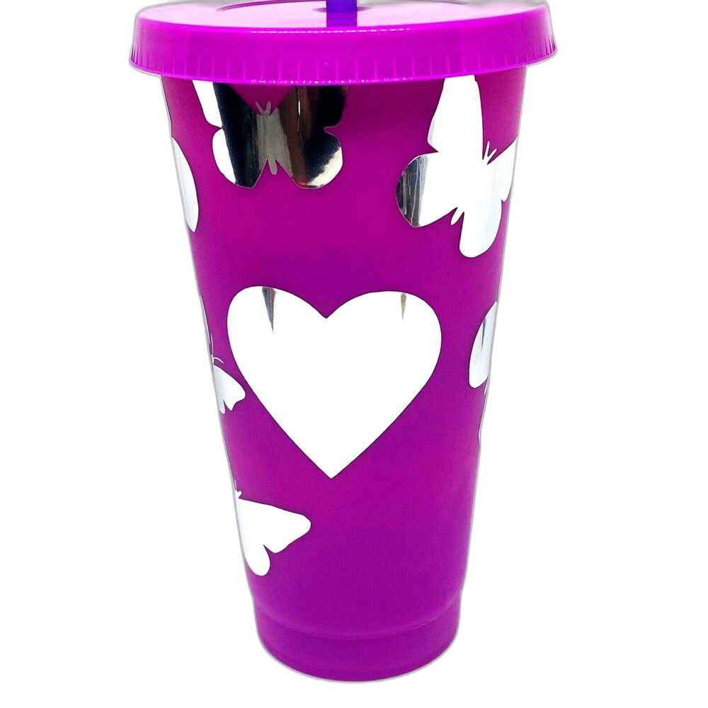Color Changing 24 oz Tumbler Butterflies with Straw and Lid Reusable